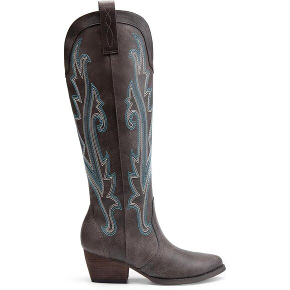 DREAM PAIRS Womens Brown Cowboy Boots Wide Calf Knee High Ladies - Picture 2 of 9